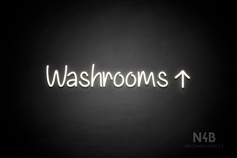 "Washrooms" (right up arrow, Butterfly font) - LED neon sign