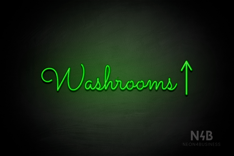 "Washrooms" (right up arrow, Kidplay font) - LED neon sign