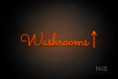 "Washrooms" (right up arrow, Kidplay font) - LED neon sign