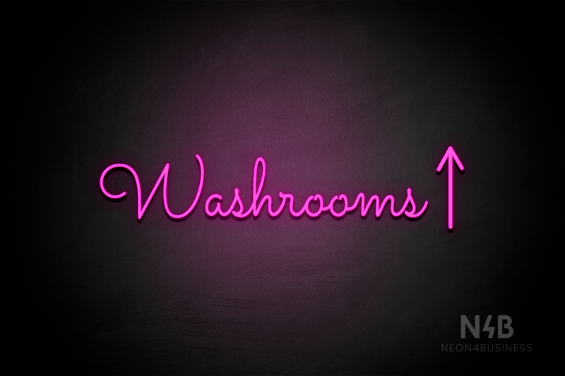 "Washrooms" (right up arrow, Kidplay font) - LED neon sign