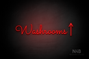 "Washrooms" (right up arrow, Kidplay font) - LED neon sign