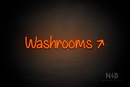 "Washrooms" (right up tilted arrow, Butterfly font) - LED neon sign