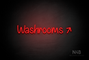 "Washrooms" (right up tilted arrow, Butterfly font) - LED neon sign