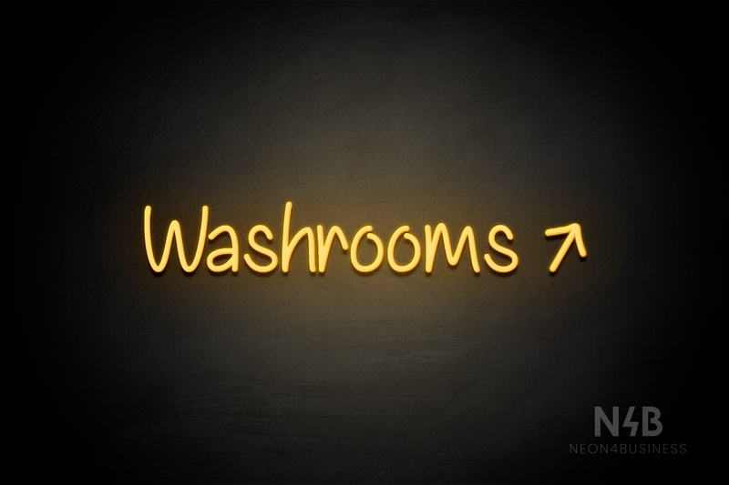 "Washrooms" (right up tilted arrow, Butterfly font) - LED neon sign