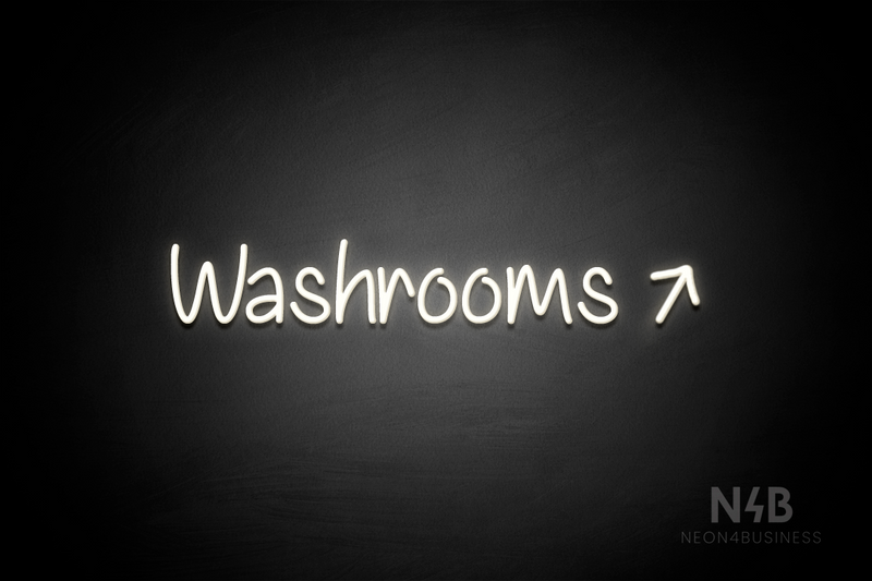 "Washrooms" (right up tilted arrow, Butterfly font) - LED neon sign