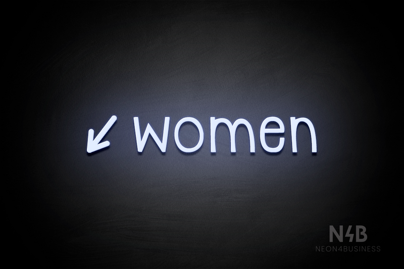 "Women" (left arrow tilted downwards, Monoline font) - LED neon sign