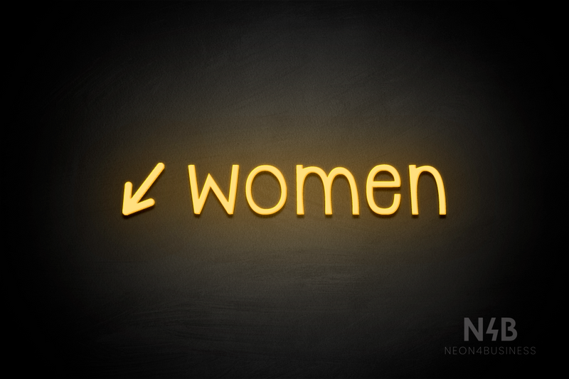 "Women" (left arrow tilted downwards, Monoline font) - LED neon sign