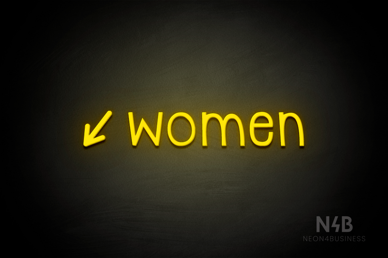 "Women" (left arrow tilted downwards, Monoline font) - LED neon sign