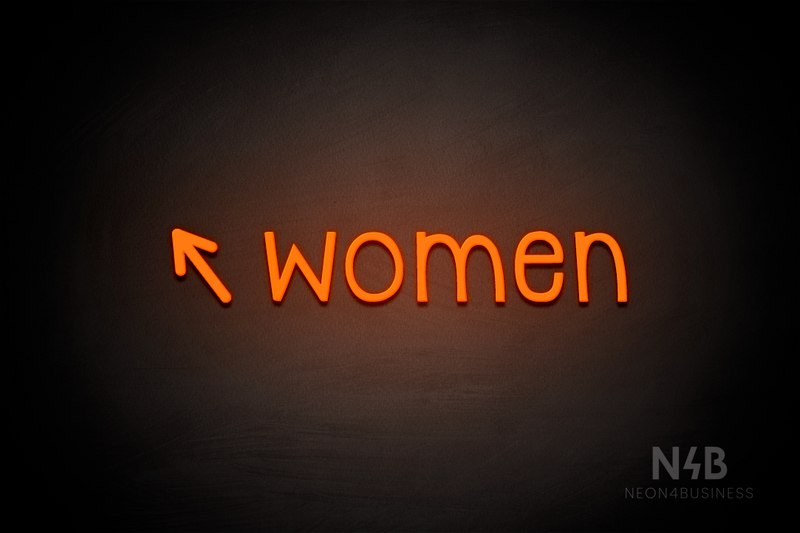 "Women" (left arrow tilted upwards, Monoline font) - LED neon sign