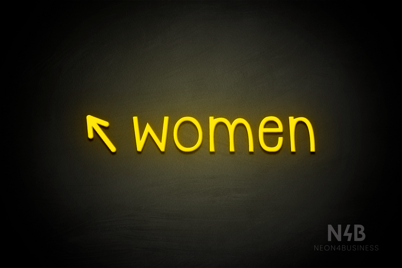 "Women" (left arrow tilted upwards, Monoline font) - LED neon sign