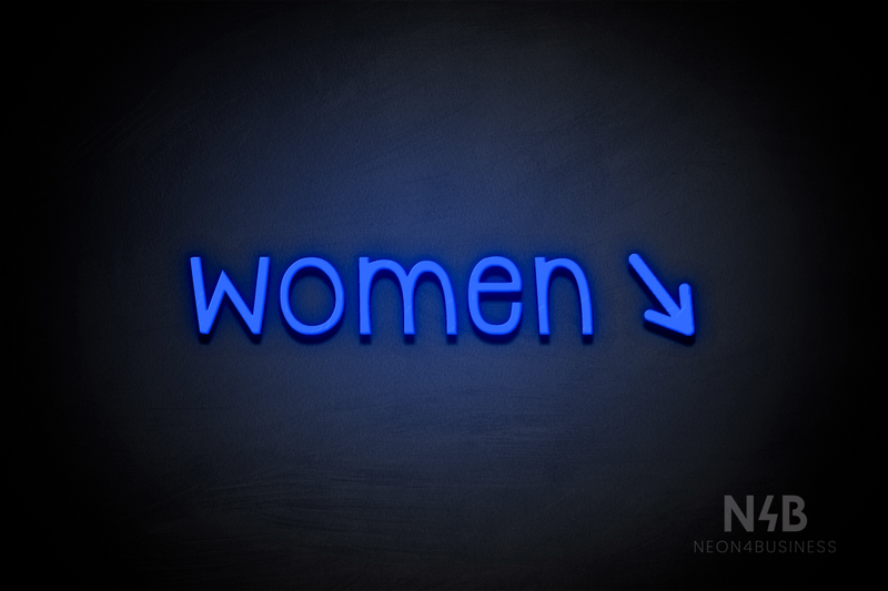 "Women" (right arrow tilted downwards, Monoline font) - LED neon sign