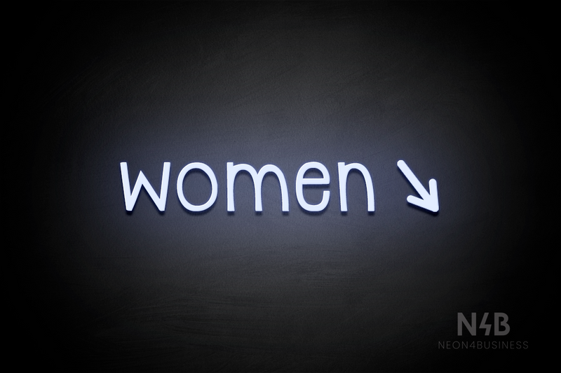 "Women" (right arrow tilted downwards, Monoline font) - LED neon sign