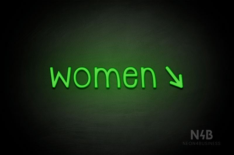 "Women" (right arrow tilted downwards, Monoline font) - LED neon sign