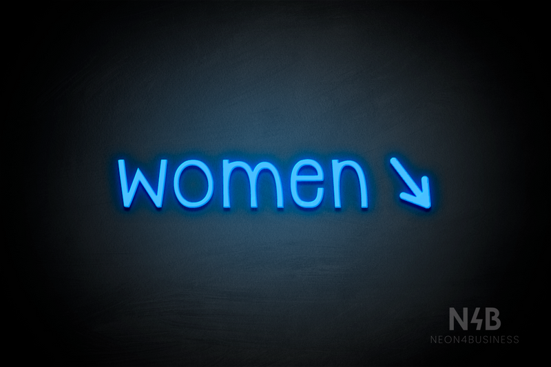 "Women" (right arrow tilted downwards, Monoline font) - LED neon sign