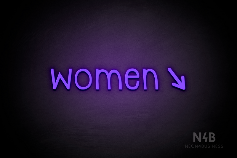 "Women" (right arrow tilted downwards, Monoline font) - LED neon sign