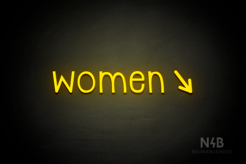 "Women" (right arrow tilted downwards, Monoline font) - LED neon sign