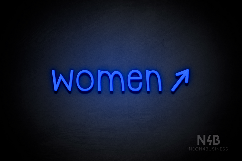 "Women" (right arrow tilted upwards, Monoline font) - LED neon sign