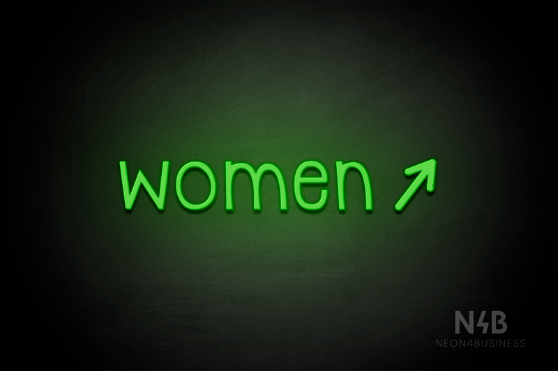 "Women" (right arrow tilted upwards, Monoline font) - LED neon sign
