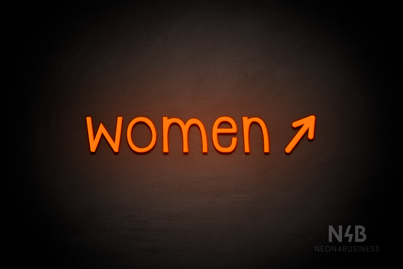 "Women" (right arrow tilted upwards, Monoline font) - LED neon sign