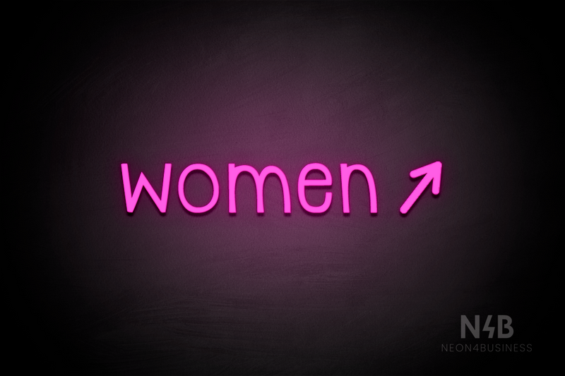 "Women" (right arrow tilted upwards, Monoline font) - LED neon sign