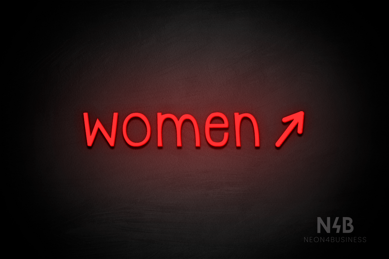 "Women" (right arrow tilted upwards, Monoline font) - LED neon sign