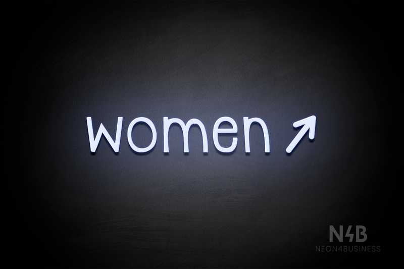 "Women" (right arrow tilted upwards, Monoline font) - LED neon sign