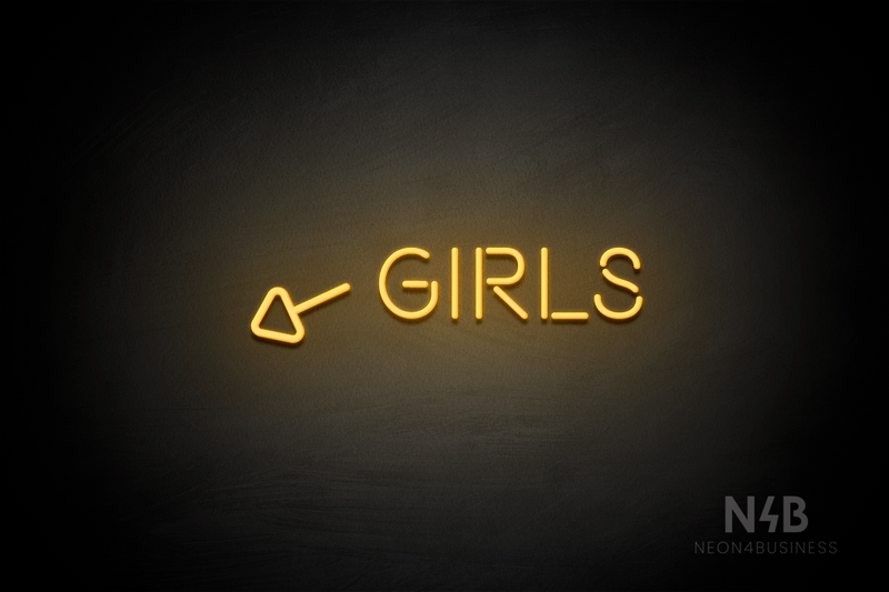 "Girls" (left arrow tilted downwards, Brilliant font) - LED neon sign