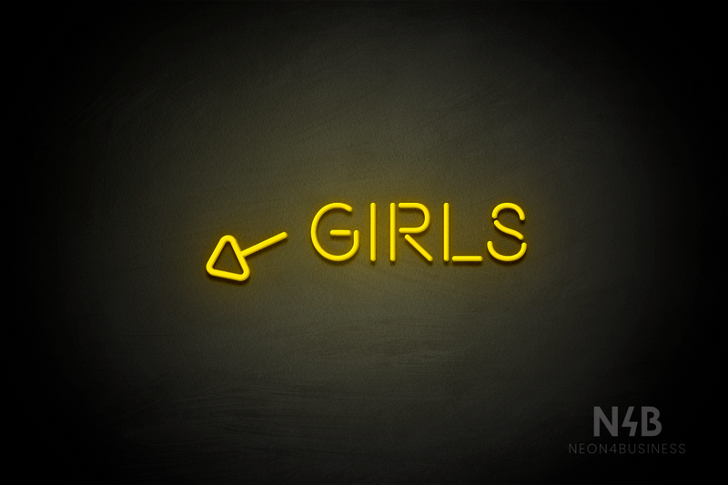 "Girls" (left arrow tilted downwards, Brilliant font) - LED neon sign