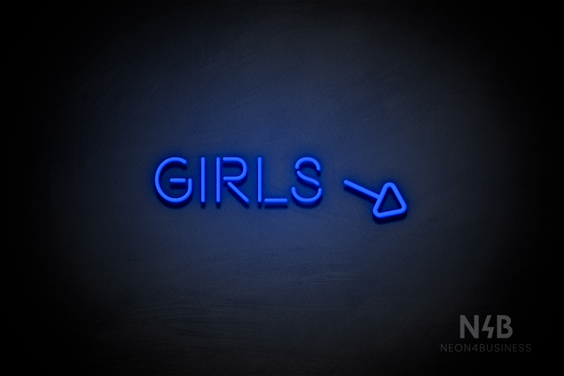 "Girls" (right arrow tilted downwards, Brilliant font) - LED neon sign