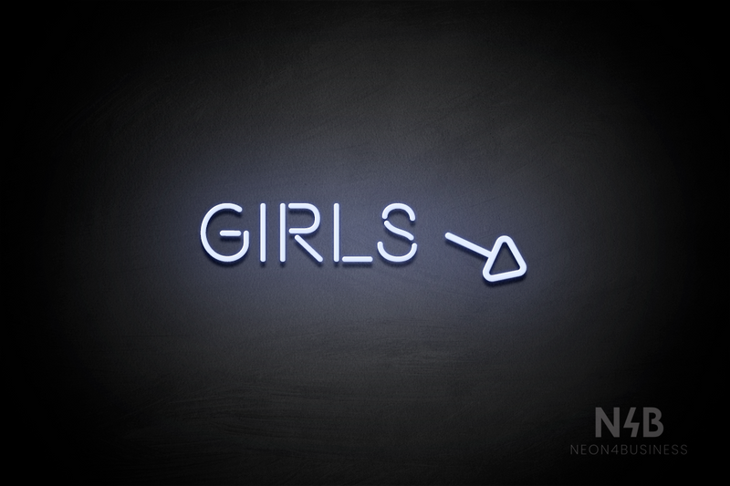 "Girls" (right arrow tilted downwards, Brilliant font) - LED neon sign