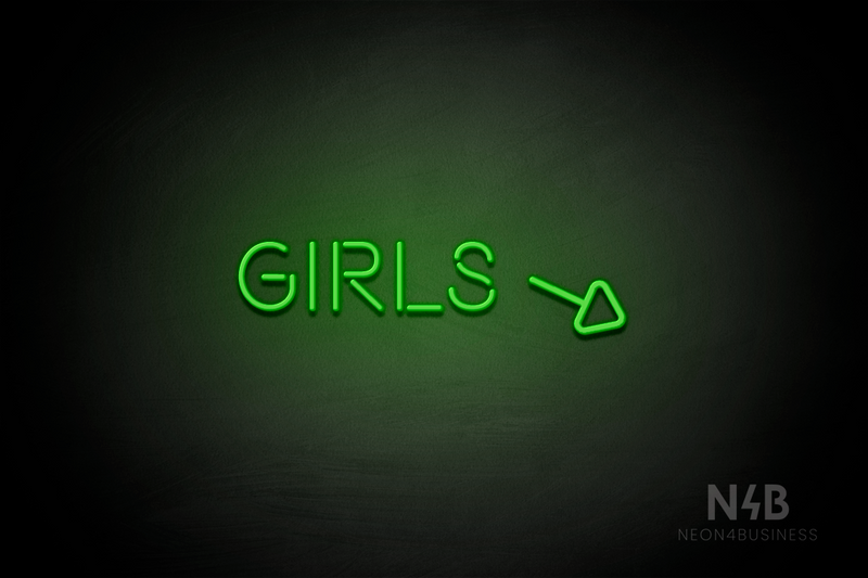 "Girls" (right arrow tilted downwards, Brilliant font) - LED neon sign