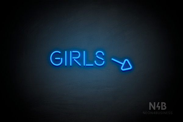 "Girls" (right arrow tilted downwards, Brilliant font) - LED neon sign