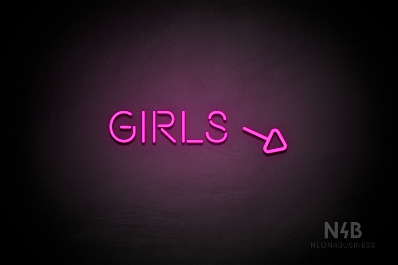 "Girls" (right arrow tilted downwards, Brilliant font) - LED neon sign