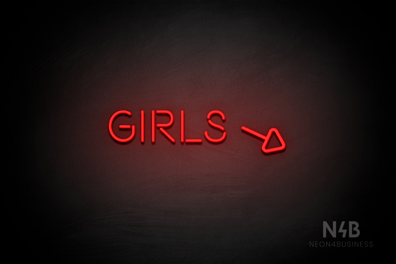 "Girls" (right arrow tilted downwards, Brilliant font) - LED neon sign
